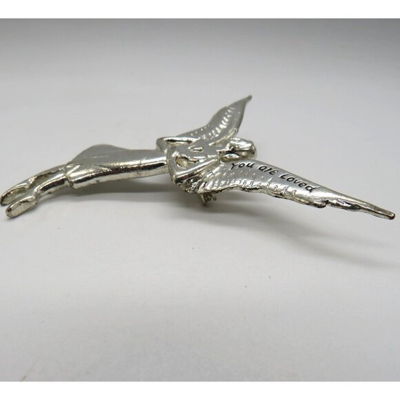 Angel Brooch You Are Loved 2.5" Silver Tone Pin Guardian Heavenly Religious - Picture 4 of 11